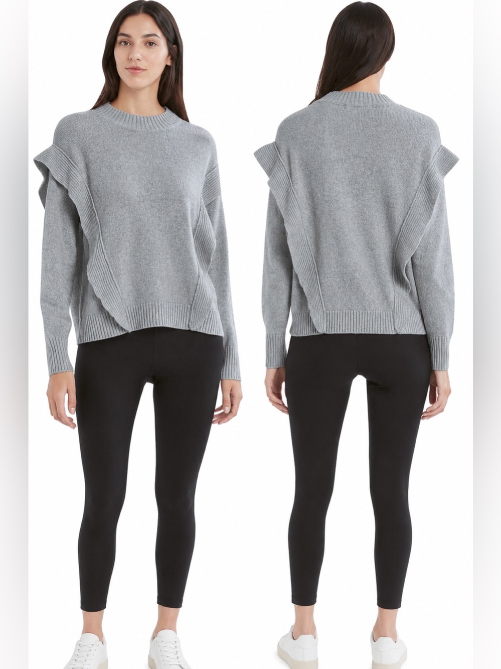 BCBGMaxazria Women's Long Sleeve Sweater with Ruffle Detail in Heather Grey